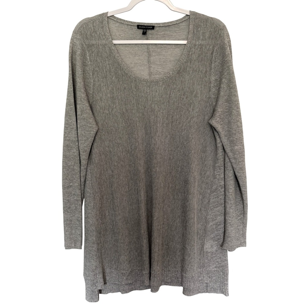 Eileen Fisher Tunic Sweater Large Gray Linen Viscose Knit Scoop Neck‎ Coastal